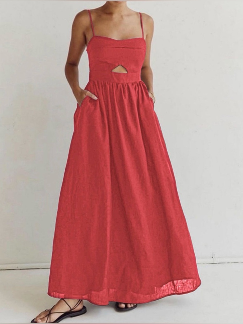 Commense Red Spaghetti-Strap Maxi Dress with Front Cutout